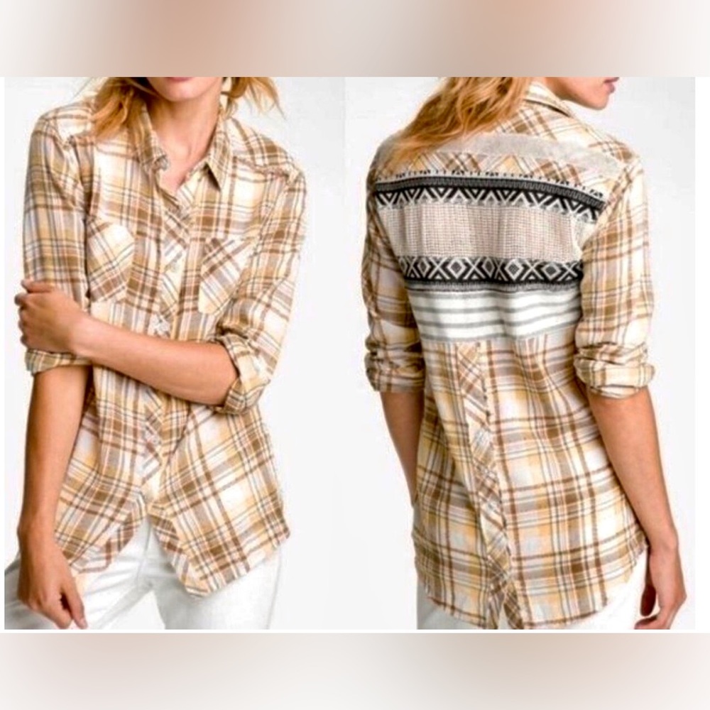 Free People We the Free Plaid Park Ranger Beige Button Front Shirt